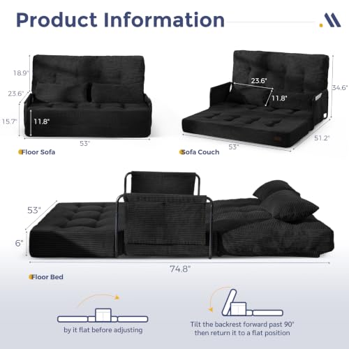 MAXYOYO Adjustable Folding Sofa Bed Couch with 2 Pillows, Black - color: Black
