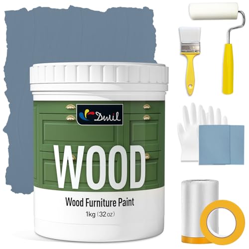 DWIL Matte Finish Furniture Paint - 32 Oz Wood Paint for Cabinets, Doors, Tables, and Dressers Refinishing - Water-Based, Non-Toxic & Odorless, Easy to Apply(Blue Grey)-With Tools - color: Blue Grey, size: 32 Ounce (Pack of 1)