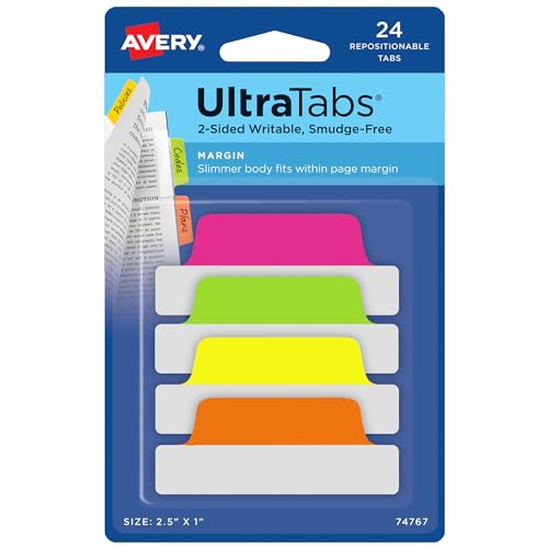 Avery Margin Ultra Tabs, 2.5" x 1", 24 Neon Repositionable Tabs | For Marking Pages in Books and Planners, Clear Body Sees Text Beneath, 2-Side Writable Smudge-Resistant Tabs, Neon Solid - color: Assorted Neon, style: 24 tabs