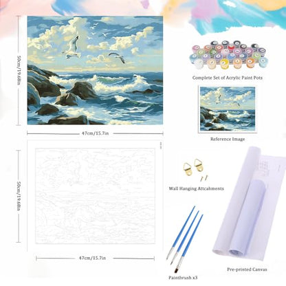 Natuyalo Paint by Numbers for Adults - DIY Adult Paint by Number Kits Painting on Canvas Flying Seagull Painting by Numbers for Beginners, Sea Wave Art Craft Kits for Adults (16x20 Inch) - color: ART-07