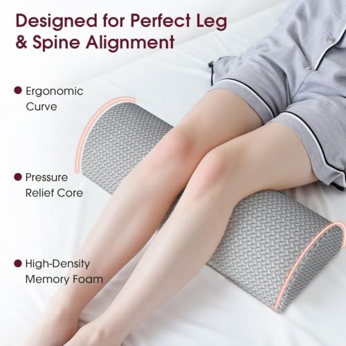 Knee Pillow for Back Sleeping Memory Foam Half Moon Bolster Pillow for Legs | Under Knee Support, Ankle & Foot Comfort Orthopedic Pillow for Side Sleepers (Grey, 20.4" x 8" x 4.9") - color: Grey, size: Standard