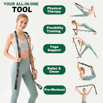 Acozycoo Stretching Strap with Loops for Leg Calf Back Physical Therapy | Non-Elastic Yoga Strap for Stretching,Stretch Band,Leg Lifter,Rehab,Knee,Hip,Pilates,Flexibility Training,Hamstring,Fascia - color: Black