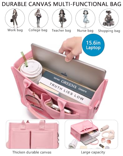 ZHMO Canvas Tote Bag for Women,Women's Bags Crossbody Bags Work Laptop Tote Bag Large Handbags Purse for Travel Nurse Teacher - color: Pink With Compartments