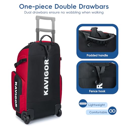 KAVIGOR Rolling Baseball Bag with Wheels, 60L Capacity Softball Bag Holds 4 Bats for Boys and Girls, Youth Equipment Bag with Shoe Compartment - color: Red