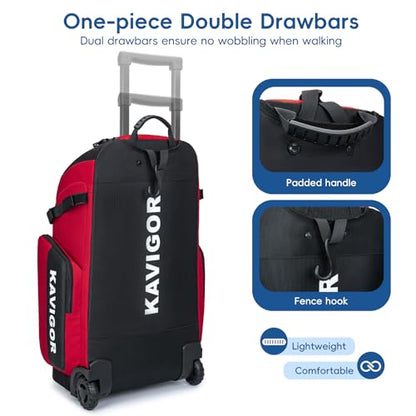 KAVIGOR Rolling Baseball Bag with Wheels, 60L Capacity Softball Bag Holds 4 Bats for Boys and Girls, Youth Equipment Bag with Shoe Compartment - color: Red