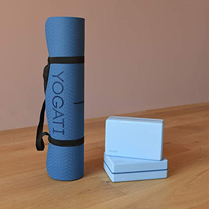 YOGATI® 정렬 라인이 있는 스트랩이 달린 요가 매트. 여성, 남성 및 아동용 홈 운동 매트. 필라테스와 피트니스를 위한 두꺼운 미끄럼 방지 요가 매트. 브라운, 핑크 및 퍼플 요가 매트 - color: 블루.