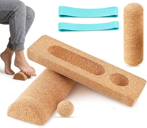 Cork Balance Board 4-in-1 Foot & Ankle Strengthener Kit with Toe Resistance Bands, Massage Ball & Balance Roller, Natural Cork Trainer for Foot Exercise, Mobility, Physical Therapy & Sports Training [Small Family Business]