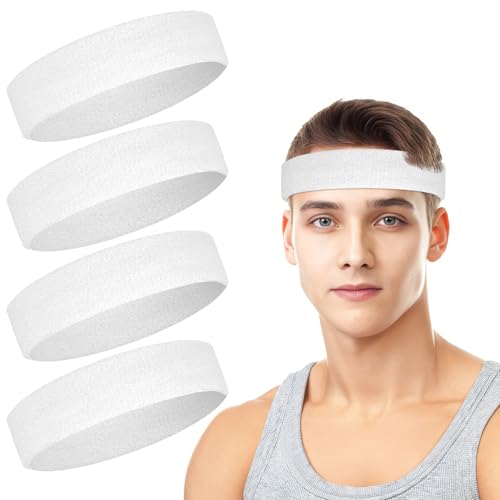 4 Pack Cotton Terry Sweat Headbands for Men Women Running Gym - color: White