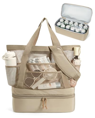 BAGSMART Beach Bag for Women, Mesh Tote Bags with Zipper, Sandproof Vacation Essentials with Cooler for Swim Cruise Pool - color: Camel