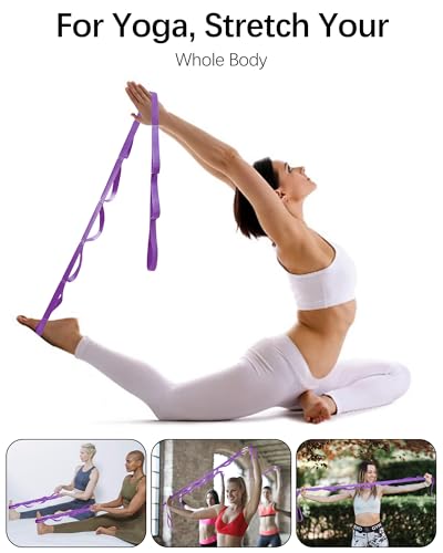 10 Loop Yoga Stretching Strap for Physical Therapy - Non-Elastic Exercise Band for Pilates, Yoga, Stretching for Women & Men - color: Purple