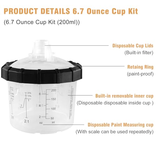 RRJ Disposable Paint Cup Automotive Spray Gun Paint System, for LVLP/HVLP Spray Gun Kit 6.7 Ounce(200ML) Mixing Cups with 50 Liners and Lids, 1 Hard Cup with Retainer Ring, 2 Adapter, Stirrer - color: 6.7 Ounce (200ml) Kit-50PCS