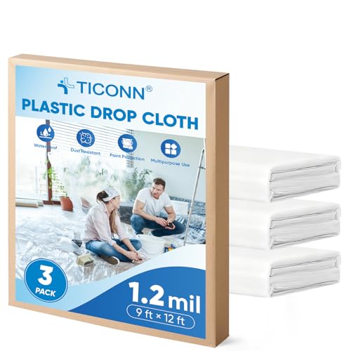 TICONN 12 x 9 Ft Plastic Drop Cloth for Painting, Waterproof Painters Plastic Sheeting, Painting Tarp for Furniture Cover, Floor Protection (3PK, 1.2Mil) - size: 1.2 Mil