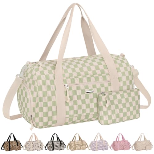 Vankor Gym Bag for Women, 17.5 inch Sports Duffle Bag with Shoe Compartment - color: Corduroy Checkered Light Green