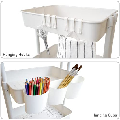 CAXXA 3-Tier Rolling Storage Organizer with 3 Small Baskets - Mobile Utility Cart with Caster Wheels (White)