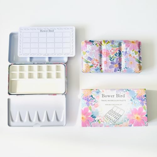 Bower Bird Travel Watercolor Palette,Portable Ceramic Palette,Empty Paint Palette,Small Travel Metal Paint Boxwith Porcelain Palette - size: 5 x 3 x 0.5 inches