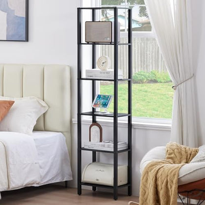 YUFAM 6 Tier Tall Skinny Bookshelf, Narrow Bookcase, Wooden Shelf, Black - color: Black, size: 6-Tier