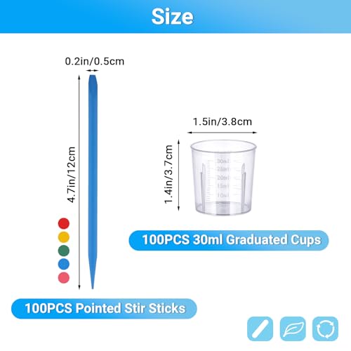 Resin Measuring Cups and Sticks, 200PCS Disposable Mixing Cups Set - 100PCS 30ml Graduated Measuring Cups and 100PCS Pointed Stir Sticks for Epoxy Resin, Glue, Paint Pouring - color: Clear cups+point stick, size: 30ml