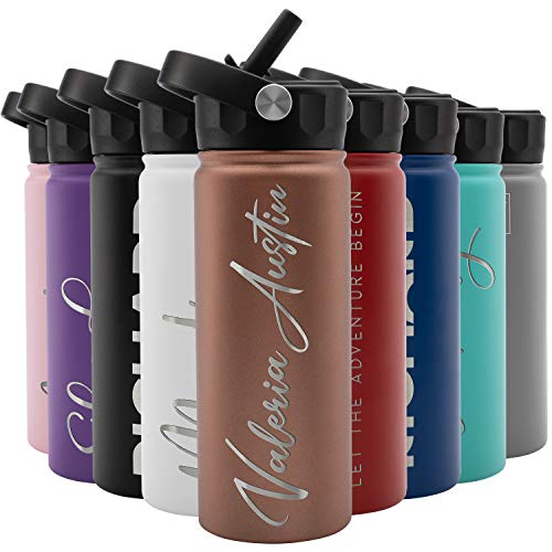 Amazing Items Personalized Water Bottle w/Straw & Lid, 18 oz - Rose Gold | Custom Stainless Steel Sports Water Bottle w/Name and Text - Double-Wall, Vacuum Insulated - Rotating Handle - color: Rose Gold, size: 18 Ounces