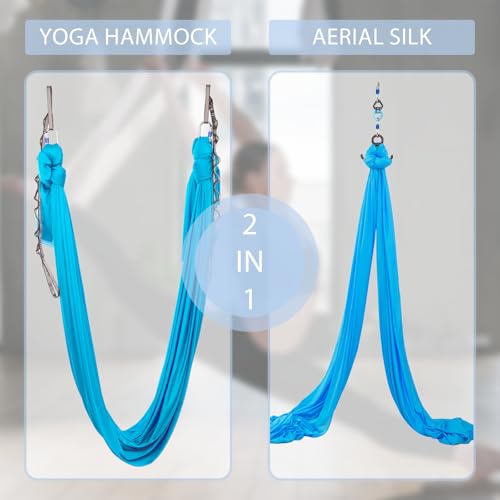 Aerial Silks Yoga Swing Set, Fitness Aerial Yoga Kit | Anti-Gravity Flight Aerial Yoga Hammock Kit; Low/Non Stretch Nylon Tricot Fabric; For Fitness & Dance; Hardware Included - color: 9Yards-Aqua Blue
