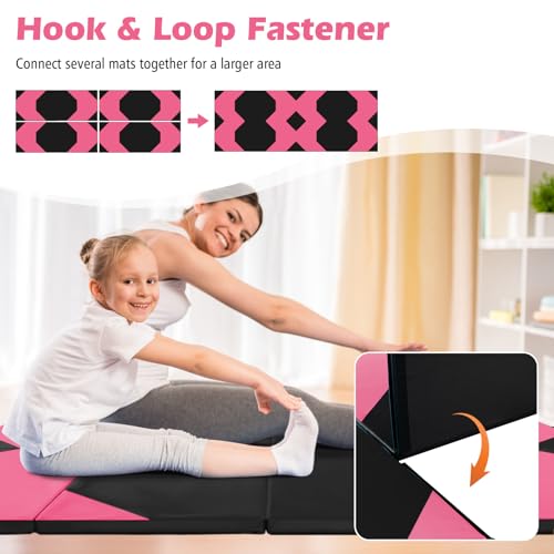 Giantex 4'x10'x 2" Gymnastics Mat, 4-Panel Folding Aerobics Exercise Mat w/Hook & Loop Fastener, Carrying Handle, Portable Tumbling Mat for Stretching Yoga Cheerleading Martial Arts - color: Rose/Black