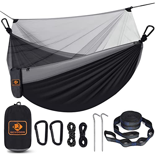 Camping Hammock with Net,Portable Lightweight Double Hammocks with Tree Straps and Solid D-Shape Hanging Hooks,Parachute Nylon Hammock for Backpacking Beach Backyard Patio Hiking - color: Black & Grey, size: Large