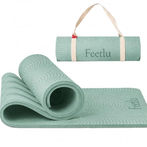 Extra Thick 12mm Exercise Mat – 74"L x 26"W Inch, Non-Slip, Joint-Friendly & Cushioned Fitness Mat for Yoga, Pilates & Floor Workouts – Durable, Supportive & Includes Feetlu Classic Strap - color: Green