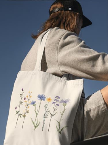 Aesthetic Canvas Tote Bag for Women with Inner Pocket - color: Flower-blue