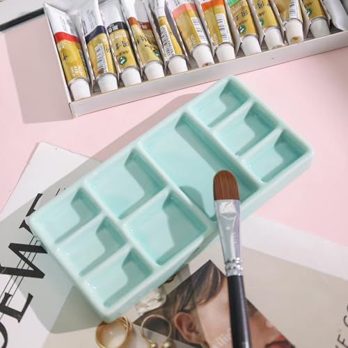Porcelain Watercolor Palette - 10 Well Ceramic Artist Paint Palette with Mixing Tray for Painting and Craft Projects（Green） - color: Green