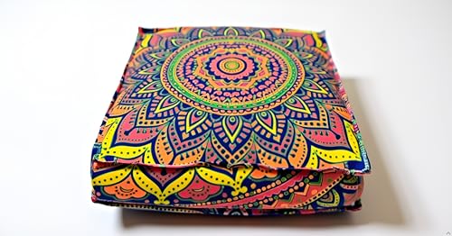 New Blue Ombre Mandala Barmeri Large Floor Pillow Cover Cushion Meditation Seating Ottoman Throw Cover Hippie Decorative Zipped Bohemian Pouf Ottoman Pom Pom Cases 24" Square - color: Blue Yellow, style: 24 Inch Square