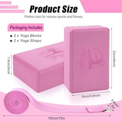 RETON Yoga Blocks Set, High - Density Yoga Block with 2 Strap, Lightweight Foam Brick Yoga Pilates Blocks, Anti-Slip Yoga Brick with Embossed Design for Posture Adjustment and Movement Assistance - color: Pink