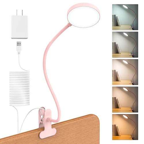 LiFMIRA Desk Lamp Clip on Light 8W 66 LED Reading Light for Bed Pink | 5 Colors 10 Dimming Levels, Eye Caring Metal Reading Lamp, Clip lamp for Bed Headboard Home Office - color: Pink