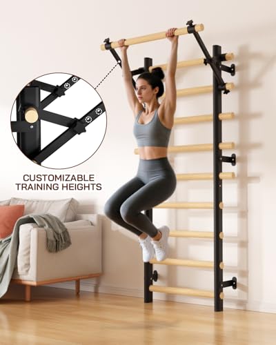 Cofiyard Swedish Ladder Wall Gym, Wooden Wall-Mounted Stall Bars with Pull-up Bar & Exercise Straps & Dip Bars, Stretching Ladder Full Body Home Gym Adults New - color: Black