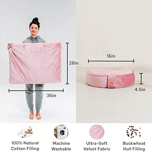 Mindful Modern Meditation Cushion and Zabuton Mat Bundle - Premium Luxury Velvet Zafu Floor Pillow and Rectangular Mat - Blush Pink Color