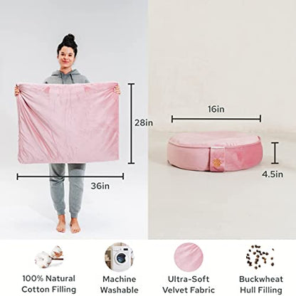 Mindful Modern Meditation Cushion and Zabuton Mat Bundle - Premium Luxury Velvet Zafu Floor Pillow and Rectangular Mat - Blush Pink Color