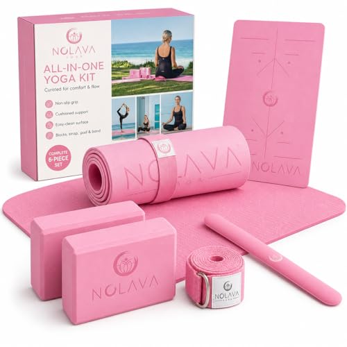 Nolava Yoga Mat with Bag – 72 x 24 inch, 1/4 inch Thick Non-Slip Mat – Includes Slap Band, Black Zippered Carry Tote with Mat Sleeve & Inner Pocket – For Yoga, Pilates, Home or Studio. - color: Coral Pink (6-Piece Set), size: 6-Piece Set