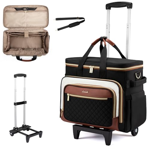 LOVEVOOK Rolling Teacher Bag, Laptop Tote with Detachable Dolly | Fits 17.3 Inch Laptop, Detachable Dolly, Large Rolling Tote Bag for Teacher Office Work Nurse, Adjustable Handle - color: Quilted-Black-beige-brown