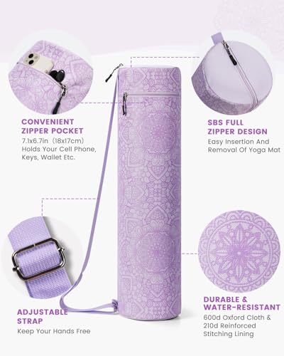 Gonex Yoga Mat Bag, Full-Zip Mat Carrier | 600D Oxford Fabric, Wet Pocket, Front Zip Pocket, Adjustable Strap, Fits Mats up to 26" - color: Soft Lavender