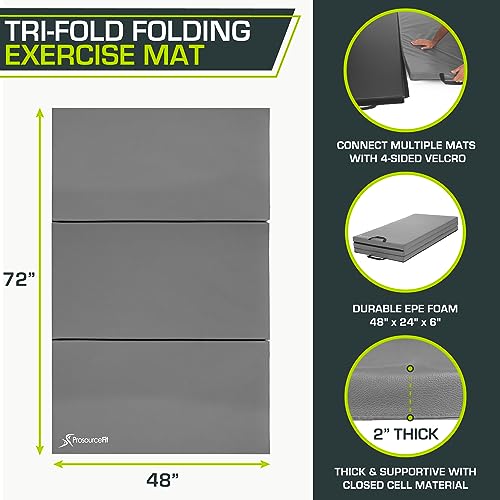 ProsourceFit Tri-Fold Folding Thick Exercise Mat 6’x4’ with Carrying Handles for Tumbling, Martial Arts, Gymnastics, Stretching, Core Workouts