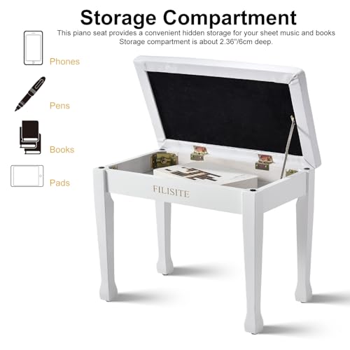Wooden Piano Bench with Storage, Piano Stool with Waterproof Padded Cushion, Bench Seat for Vanity, Living Room, Bedroom (White) - color: Single-white