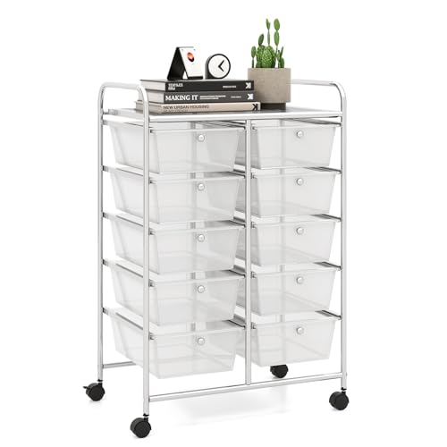 10 Drawer Rolling Cart, Storage Cart Organizer on Wheels, Drawer Cart with Metal Frame & Large Storage Capacity, Rolling Cart with Drawers for Living Room Classroom, Office - color: Clear, size: 10 Drawer