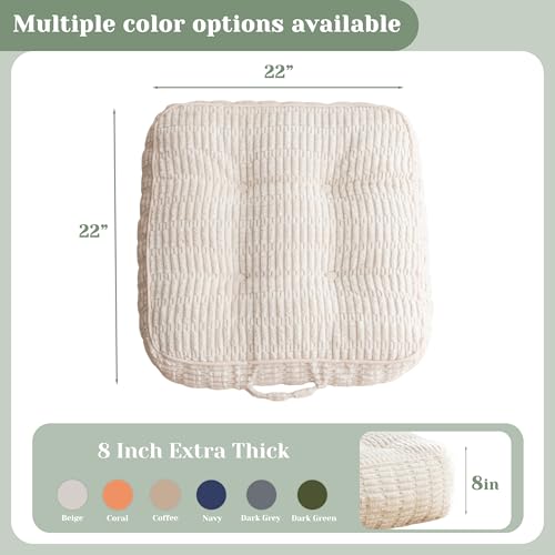HIGOGOGO 8" Floor Pillow Cushion for Adults, Meditation Cushion Pillow, Blended Corduroy Cover, Large Square Floor Sitting for Tatami Living Room or Yoga, 22x22 Inch, Beige - color: Square Beige, size: 8" Thick(Pack of 1)