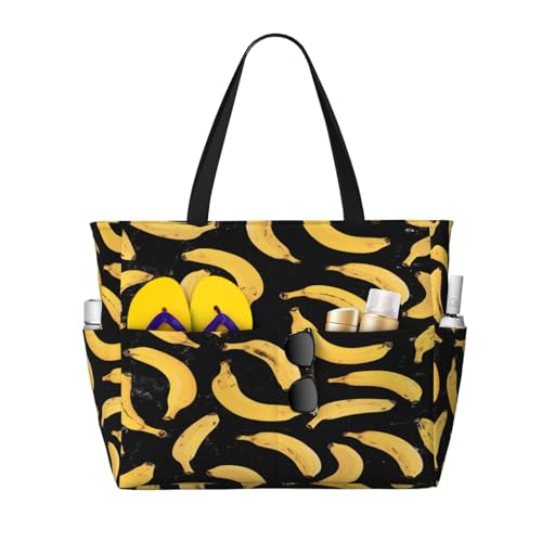 Large Beach Bag for Women Waterproof Foldable Travel Shoulder Tote Bag with Pocket for Weekender Pool Vacation - color: Banana Black