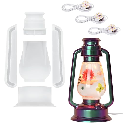Actvty Oil Lamp Resin Molds Set, Hurricane Lamp Silicone Mold for Resin Casting, Epoxy Light Molds with 3pcs LED Lights DIY Retro Lantern Indoor Oil Lamps for Table Fireplace Home Decoration - color: 1 set molds + 3 light sets