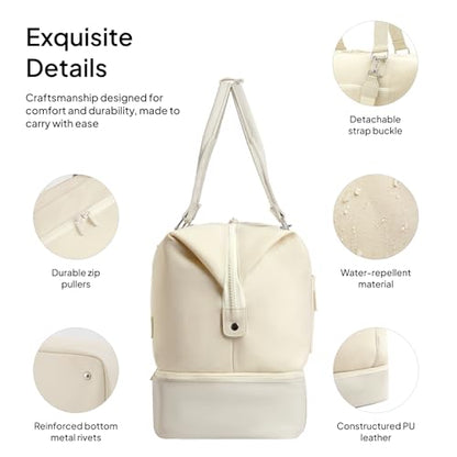 Travel Duffle Bag for Women, 40L Weekender Bags Airline Approved Carry On with Shoe Compartment & Waterproof Wet Pocket, Durable Nylon Weekender Overnight Bag for Travel, Gym, Business Trip, Beige - color: Beige