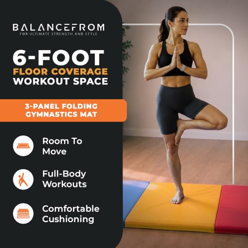 BalanceFrom 6x2 Feet 3-Panel Folding Gymnastics Mat – 1.5-Inch Thick Pad with Vinyl Surface and Carrying Handles for Tumbling, Yoga, Pilates, Home Workouts, and Martial Arts - color: Multi-Color