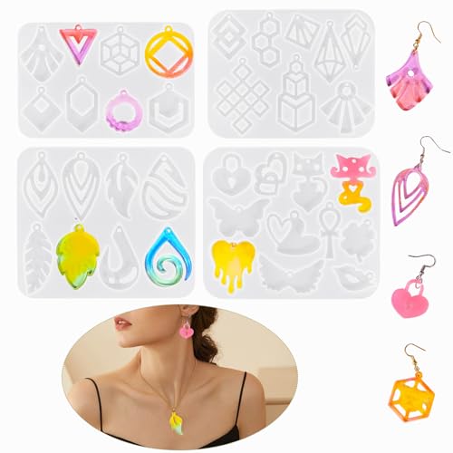 XYQHOAC 4 PCS Resin Mold Earring Silicone Molds Jewelry Mold Casting Epoxy Mold Leaf Earring Molds with Hole for DIY Necklace Keychain Jewelry Making