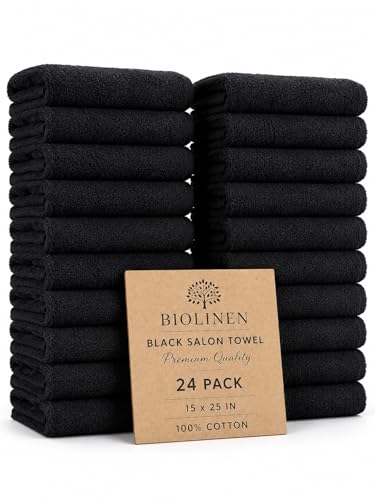 BIOLINEN Salon Towels 24 Pack Black 15x25, 100% Cotton Hand Towels for Bathroom, Bleach Resistant Barber Esthetician Spa Gym Towels, Super Absorbent - color: Black