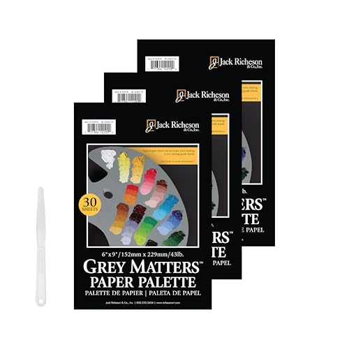 Jack Richeson Grey Matters Disposable Paper Palette 6” x 9”, 3 Pack, Includes Palette Knife - color: Midtone Grey 3 Pack + Palette Knife