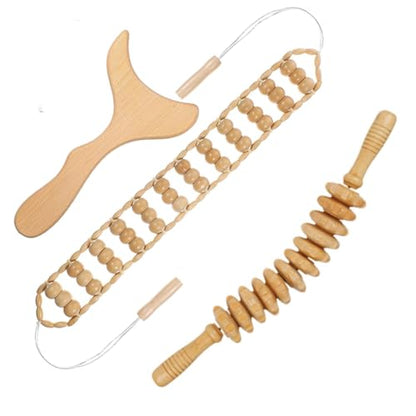 3-in-1 Wood Therapy Massage Tools Lymphatic Drainage Massager Maderoterapia Kit Wooden Gua Sha Massager Body Sculpting Tools for Muscle Pain Relief, Anti-Cellulite, Body Contouring and Shaping