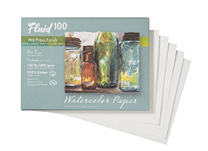 Fluid 100 Watercolor Paper, 5 x 7 Pochette, 12 Sheets, 140 lb (300 GSM) 100% Cotton Hot Press for Artist Painting and Wet Media - size: 5 x 7